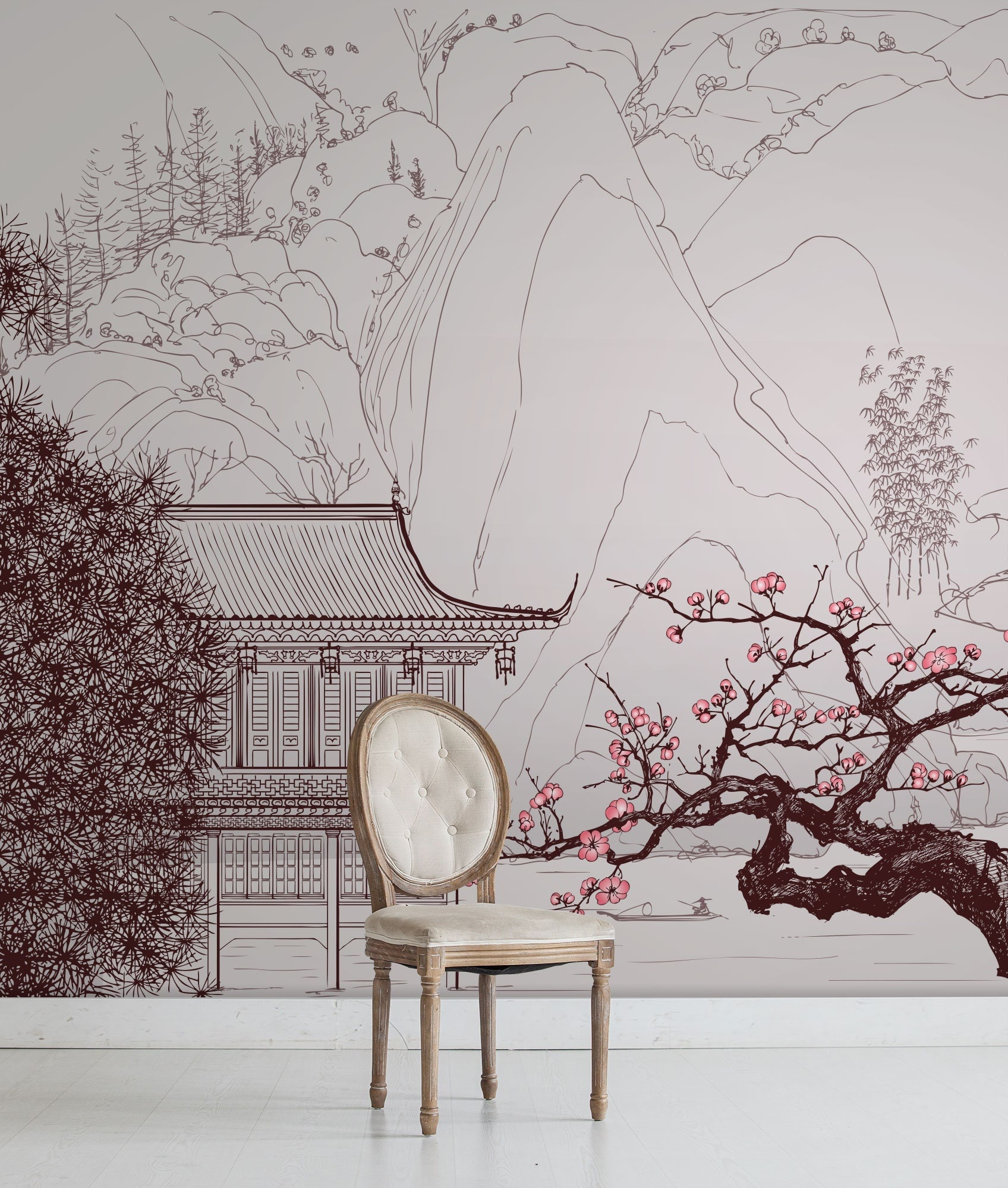 Japanese Landscape Wallpaper, Vintage Wall Mural, Line Art, Self