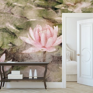 Papier peint mural nénuphar, auto-adhésif, amovible, papier peint peler et coller, art mural aquarelle, décoration murale florale #355