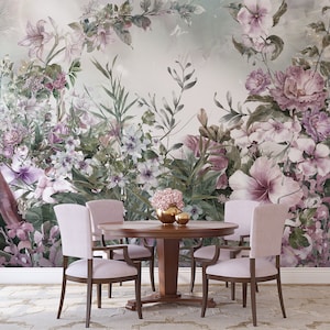 Floral garden wall mural, self adhesive, removable, peel and stick wallpaper, flowers on old grunge wall, floral wall decor #354