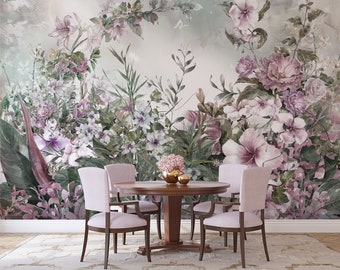 Floral garden wall mural, self adhesive, removable, peel and stick wallpaper, flowers on old grunge wall, floral wall decor #354