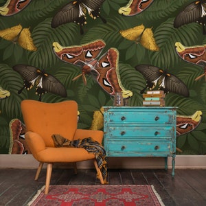 Vintage butterfly removable wallpaper, peel and stick wallpaper, vintage old style botanical wall mural, self adhesive wallpaper #314