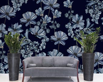 Tapete, dunkle florale Tapete, florale Tapete, florales Wandbild, Naturtapete, selbstklebend, schälen und aufkleben #866