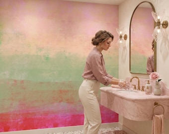 Papel pintado abstracto rosa y verde, arte mural con pinceladas de pintura, decoración del hogar, autoadhesivo despegar y pegar o vinilo tradicional #636