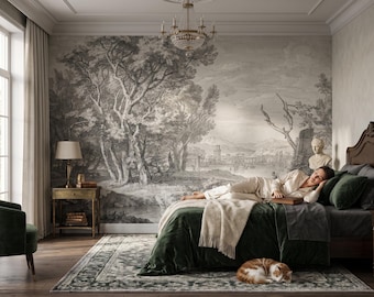 May include: A large-scale wall mural featuring a monochromatic landscape illustration of trees, a distant city, and mountains. The scene is printed in shades of gray and white, covering the entire wall behind a bed with dark green bedding.