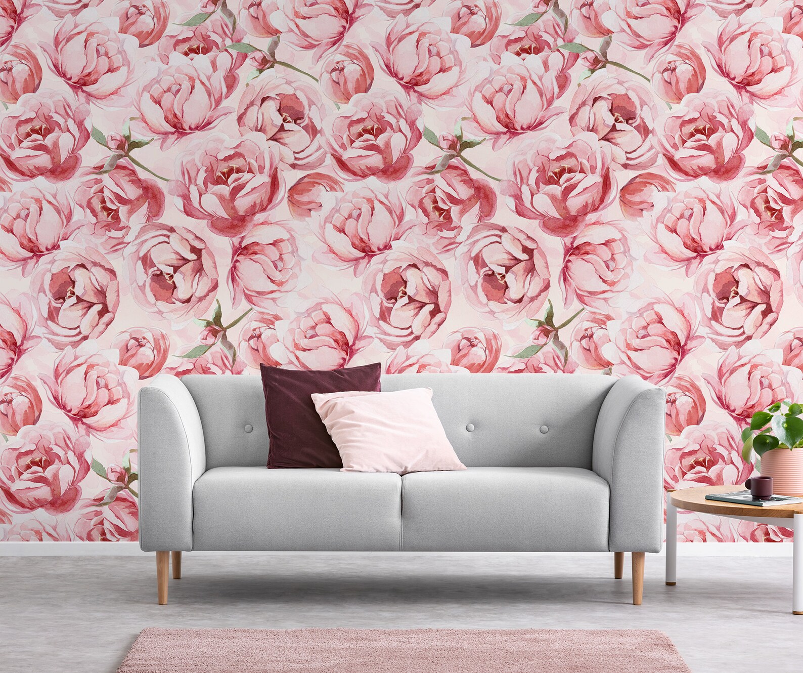 Pink Peonies, Retro Peel and Stick Wallpaper, Vintage Watercolor Wall ...