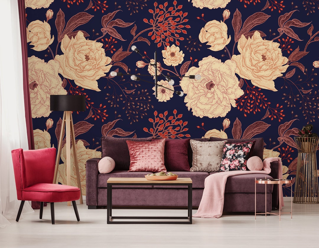 Vintage Floral Wallpaper, Dark Wall Mural With Various Flowers, Custom ...