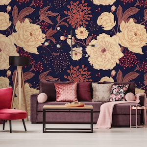 Vintage floral wallpaper, dark wall mural with various flowers, custom wallpaper, peel and stick, self adhesive or regular wallpaper #659