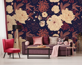 Vintage floral wallpaper, dark wall mural with various flowers, custom wallpaper, peel and stick, self adhesive or regular wallpaper #659