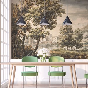 Town on the lake wallpaper, vintage scenic wall mural, self adhesive, peel and stick mural, removable or traditional wallpaper #584