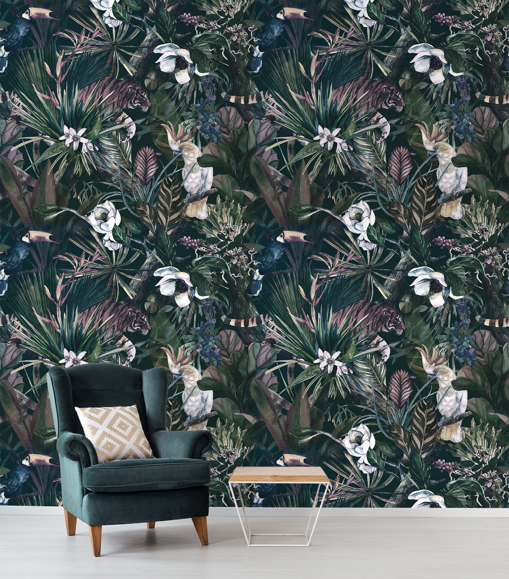 Dark Jungle Wallpaper Self Adhesive Watercolor Wall Mural Etsy