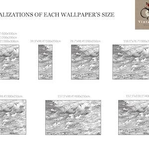 May include: A chart titled VISUALIZATIONS OF EACH WALLPAPER'S SIZE showing seven black and white rectangular wallpaper samples with ocean wave patterns and dimensions in inches and centimeters, including a VintageArt Wallpaper logo at the top right.