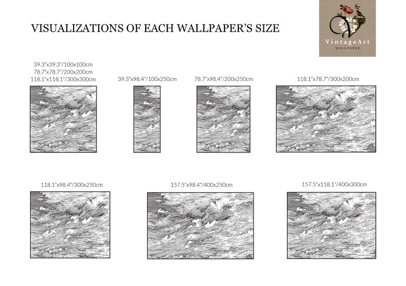 May include: A chart titled VISUALIZATIONS OF EACH WALLPAPER'S SIZE showing seven black and white rectangular wallpaper samples with ocean wave patterns and dimensions in inches and centimeters, including a VintageArt Wallpaper logo at the top right.