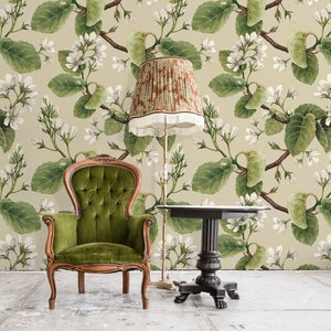 Vintage wallpaper with apple flowers, peel and stick wall mural, watercolor floral wallpaper, self adhesive removable wall mural #236
