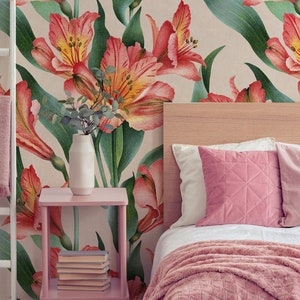 Floral watercolor wallpaper with lily flowers, self adhesive wall mural, removable peel and stick wallpaper, floral wall decor #249