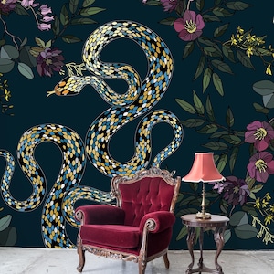 Dark snakes wallpaper, vintage botanical home decor, custom wallpaper, peel and stick, self adhesive or regular wallpaper #865