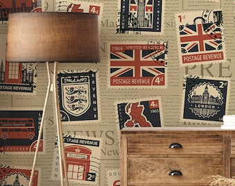 Mural de pared de estilo retro, papel tapiz autoadhesivo, patrón de sellos postales y periódicos, despegar y pegar, pared de acento, decoración de pared # 494