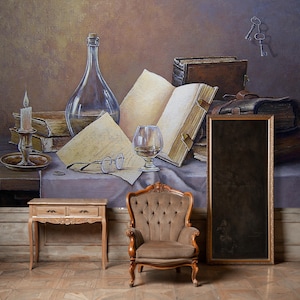 Natura morta di carta da parati antica da tavolo, decorazioni murali vintage, arte murale, carta da parati personalizzata, stacca e attacca, carta da parati autoadesiva o normale #909