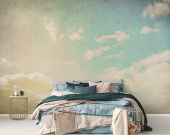 Cloudy sky wall mural, self adhesive repositionable wallpaper, removable peel and stick wallpaper, retro wallpaper, wall sticker #294