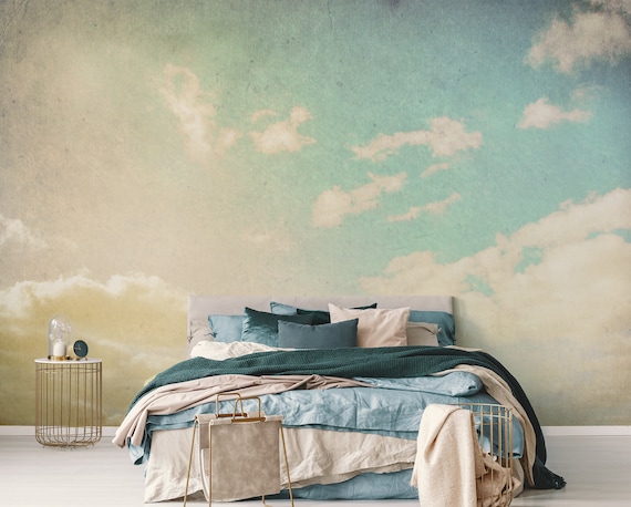 Cloudy sky wall mural, self adhesive repositionable wallpaper, removable peel and stick wallpaper, retro wallpaper, wall sticker #294