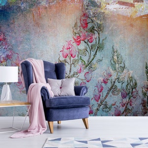 Floral wallpaper, botanical home decor, grunge custom wallpaper, peel and stick, self adhesive or regular wallpaper #828