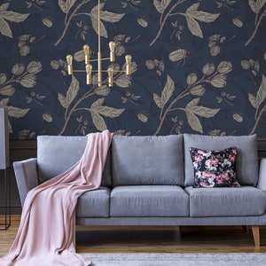 Removable retro wallpaper with dark nature pattern, peel and stick wall mural, temporary wallpaper, floral home decor #177