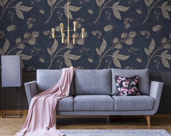 Removable retro wallpaper with dark nature pattern, peel and stick wall mural, temporary wallpaper, floral home decor #177