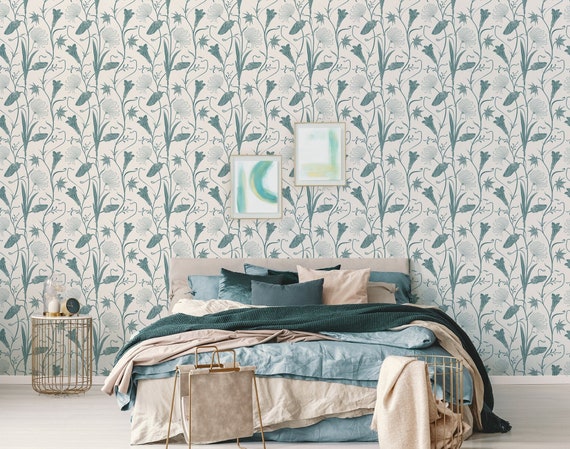 Floral Wallpaper With Elegant Leaves Removable Wallpaper - Etsy