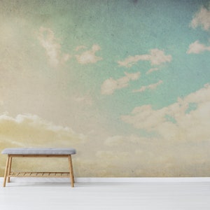May include: A wall mural featuring a sky scene with fluffy white clouds against a backdrop of blue and yellow hues. A gray bench with wooden legs sits in front of the mural, adding a touch of functionality to the artistic display.