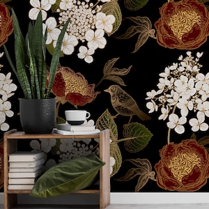 Hydrangea flowers & birds walpaper, self adhesive retro wall mural, removable wallpaper, temporary peel and stick wallpaper, wall mural #95