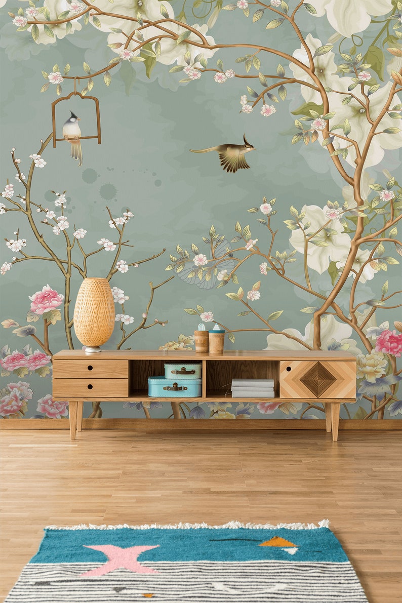 Chinoiserie Wall Mural Peel and Stick Wallpaperretro Floral Etsy