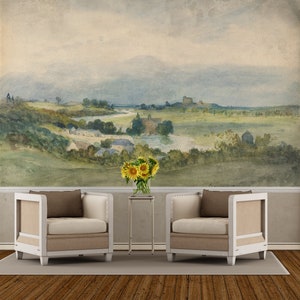 Green valey wall mural, retro scenic wallpaper, vintage art wallpaper, self adhesive, peel and stick, removable or regular wallpaper #754