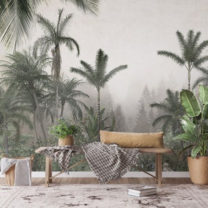 Foresta tropicale nel murale nebbia, carta da parati autoadesiva, carta da parati paesaggio vintage, carta da parati scenica, buccia e bastone, decorazione murale #521