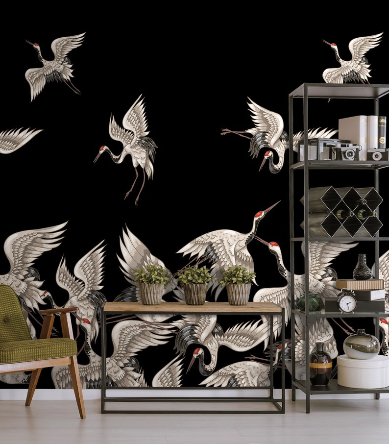 Flying Cranes Wall Mural Peel and Stick Vintage Wallpaper - Etsy