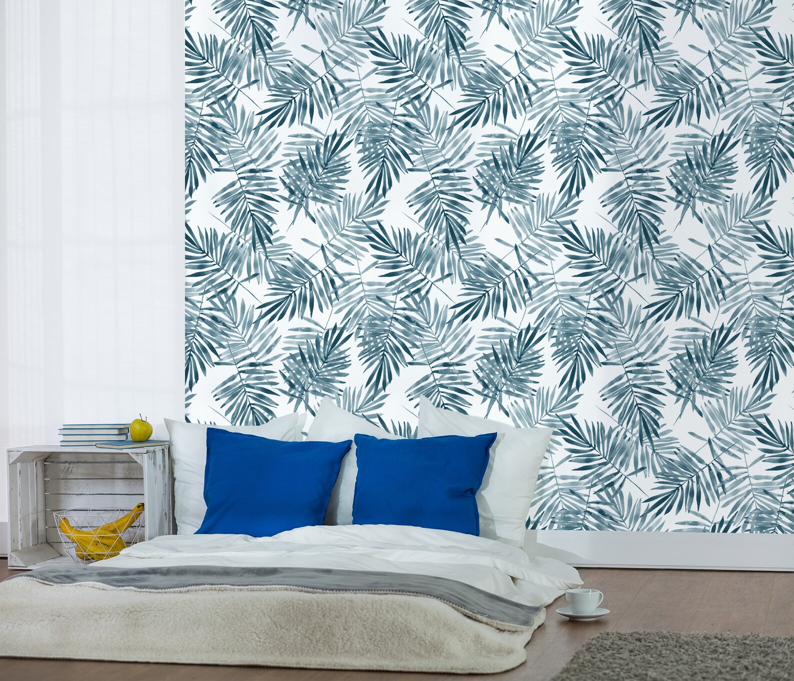 Blue Palm Leaf Retro Wallpaper Peel and Stick Wall Mural | Etsy