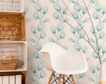 Retro Tapete mit blauen Frühlingsblumen, schälen und aufkleben Vintage Wandbild, Retro temporäre Tapete #170