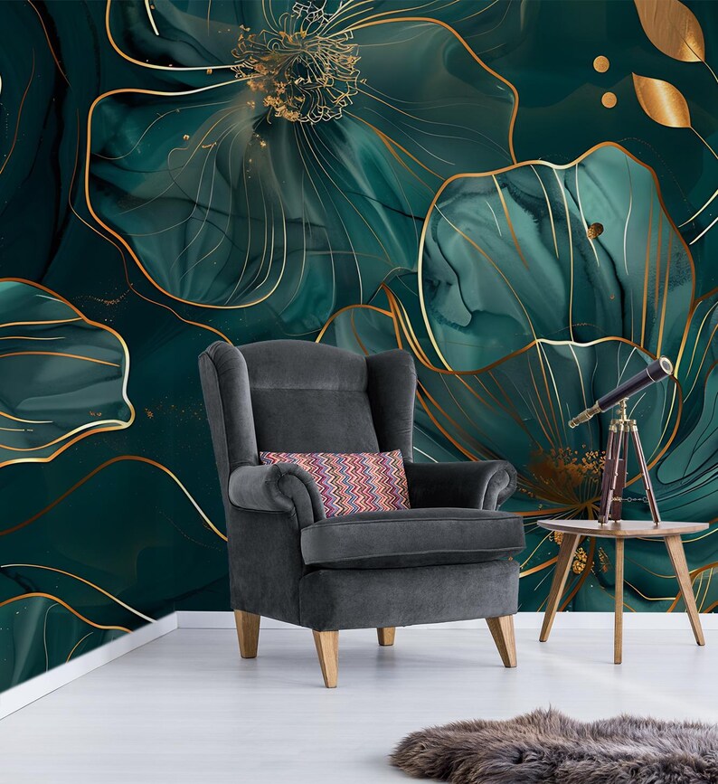 Buy Dark Green Flower Wallpaper, Vintage Botanical Wall, Home Decor