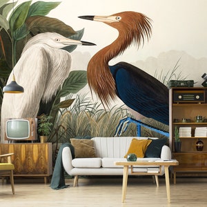 Heron wallpaper mural, peel and stick, vintage removable wallpaper, bird print wall mural, retro style wall decor #258