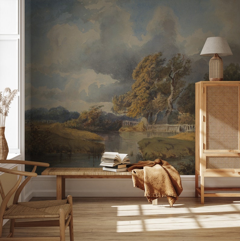 Idyllic Nature Landscape, Vintage Scenic Wall Mural, Wallpaper, Peel ...