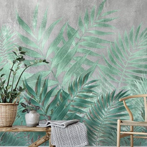 Palm leaves on grunge wall, vintage wallpaper, self adhesive, peel and stick wallpaper, wall decor, removable peel and stick wallpaper #367