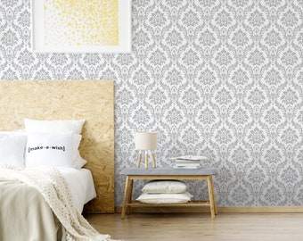 Damask gray wall mural, self adhesive, peel and stick wallpaper, floral wall decor, removable peel and stick wallpaper #380