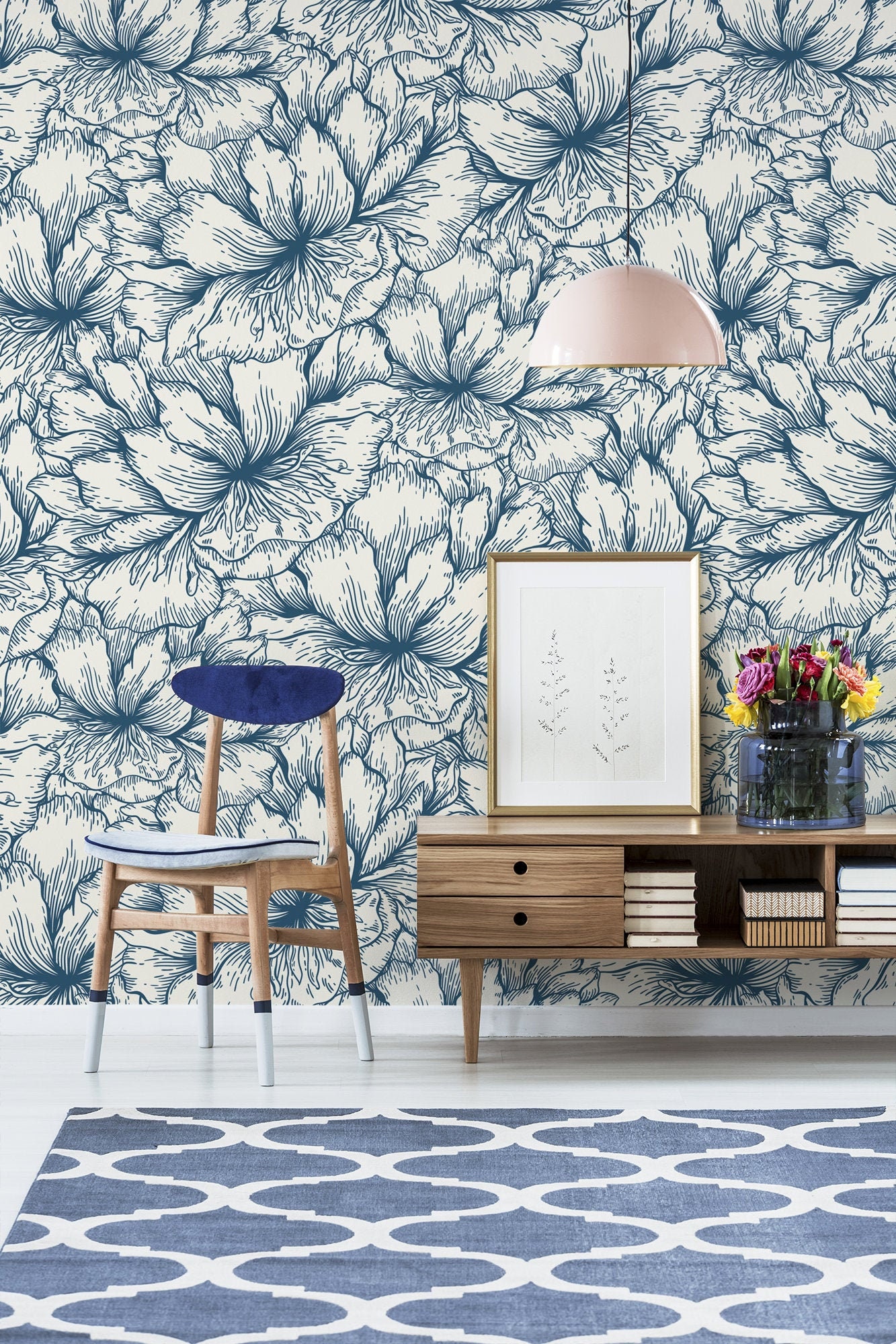 Garden Wallpaper With Blue Flowers, Peel and Stick Wall Mural ...