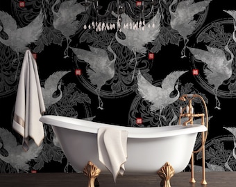 Vintage dark bird wallpaper, self adhesive, peel and stick wallpaper, wall decor, removable peel and stick wallpaper #438