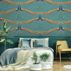 Vintage wallpaper, peacock pattern wallpaper mural, self adhesive, peel and stick wallpaper, bird wallpaper, temporary wall decor #551