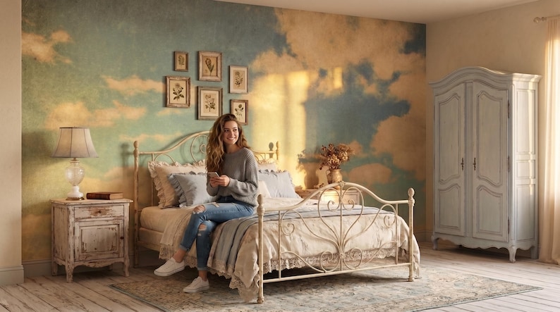 May include: A bedroom featuring a cream-colored metal bed frame with ornate scrollwork, a matching bedside table with a lamp, and a tall light blue wardrobe. The wall is decorated with a mural of a blue sky with clouds and framed botanical prints.