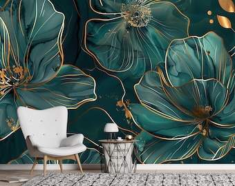 Dark green flower wallpaper, vintage botanical wall, home decor, custom wallpaper, peel and stick, self adhesive or regular wallpaper #848