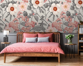 Vintage floral wallpaper, romantic wallpaper, flowers wall mural, vintage wallpaper, peel and stick, self adhesive or regular wallpaper #650