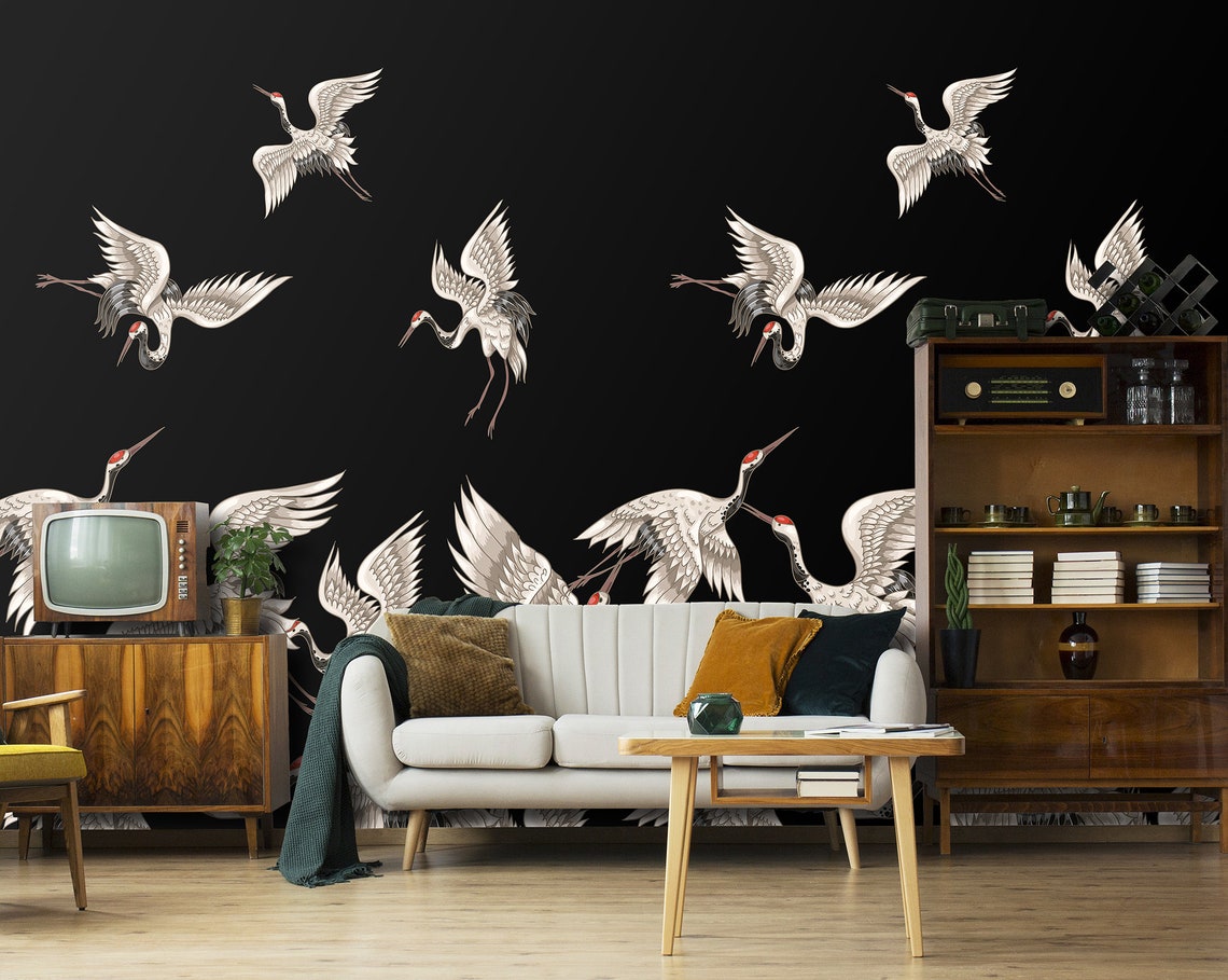 Flying Cranes Wall Mural Peel and Stick Vintage Wallpaper | Etsy