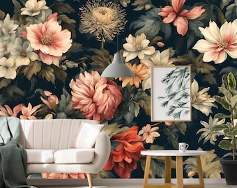 Dark Floral Wallpaper: Vintage Botanical Wall Decor, Peel and Stick