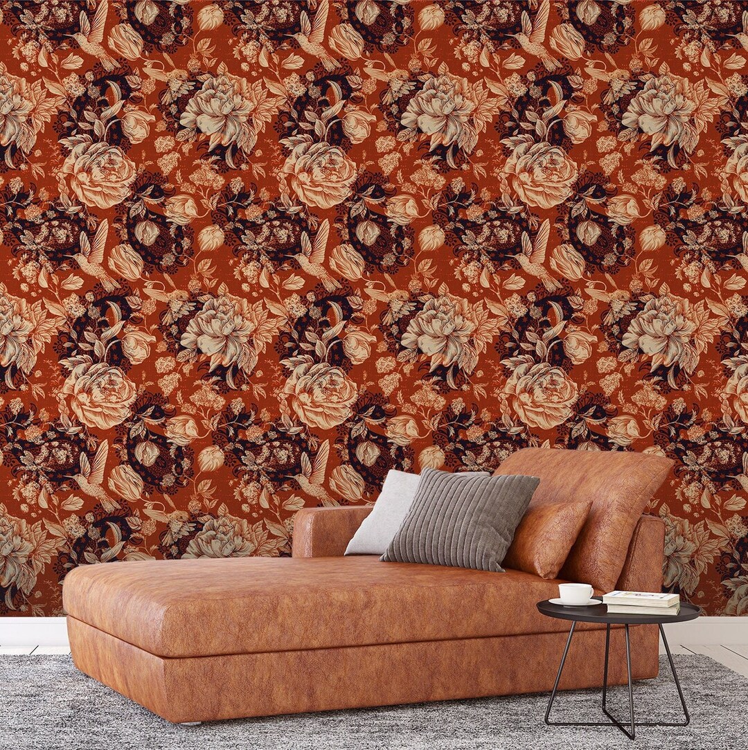 Retro Orange Floral Wallpaper, Self Adhesive, Peel and Stick Wallpaper ...
