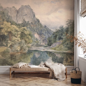Mountain landscape wallpaper, mountain lake wallpaper, vintage art, self adhesive, peel and stick, removable or regular wallpaper #794